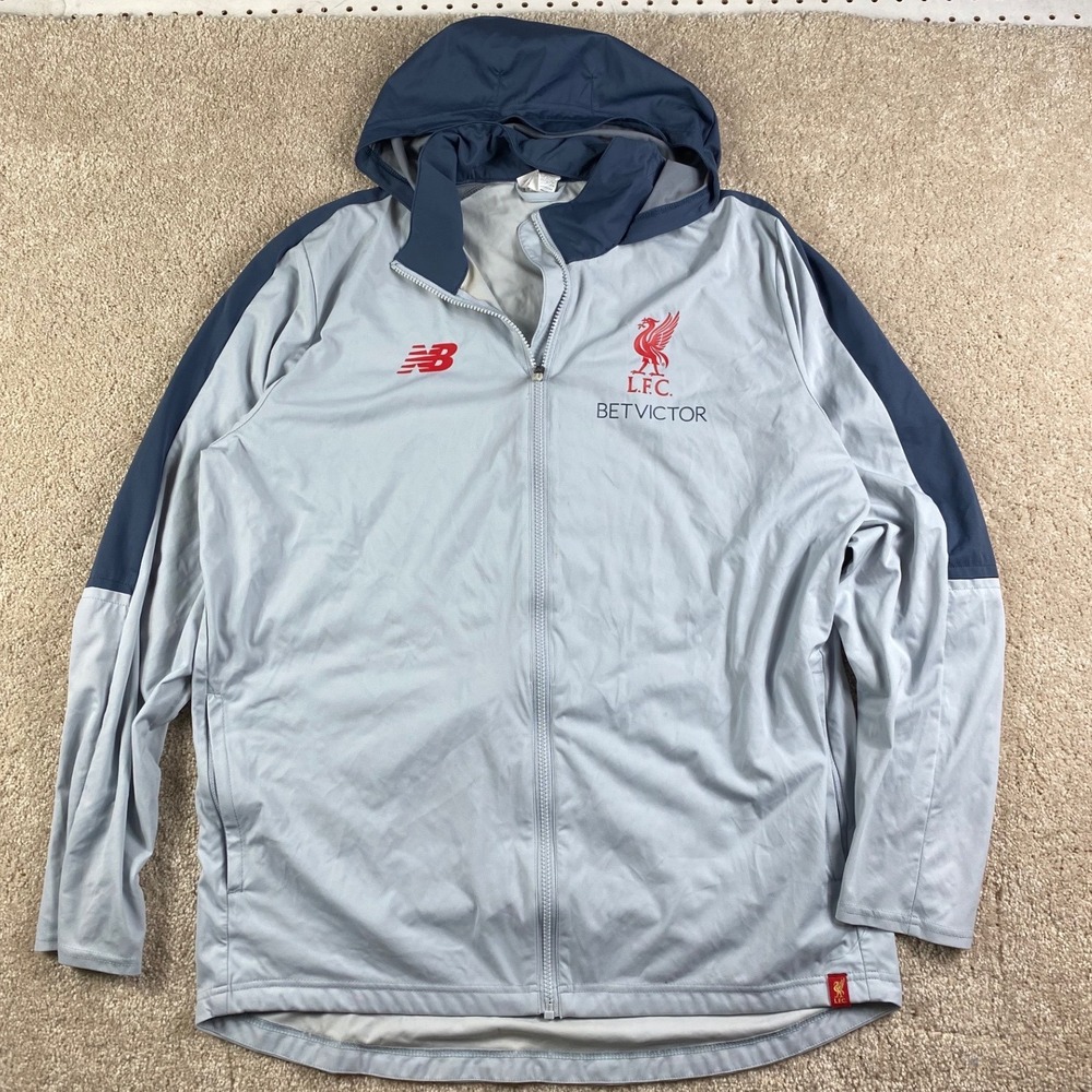 New Balance Liverpool FC Training Jacket Mens XL Grey Navy Blue Hooded Full Zip